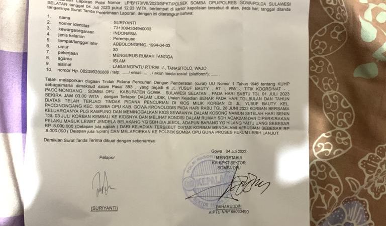 Toko Campuran Asal Kab Wajo Telah Kemalingan, Pelaku Berhasil Menggasak Uang Sebesar 8 Juta Rupiah