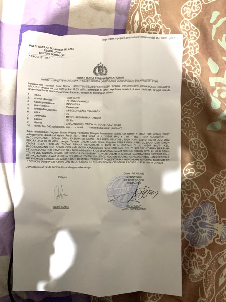 Toko Campuran Asal Kab Wajo Telah Kemalingan, Pelaku Berhasil Menggasak Uang Sebesar 8 Juta Rupiah
