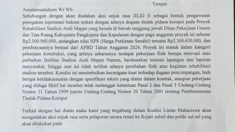 Aksi Demontrasi Akan Digelar Jilid II: Terkait Dugaan Koropsi Proyek Stadion Mappe Senilai Rp.2,3 Miliar
