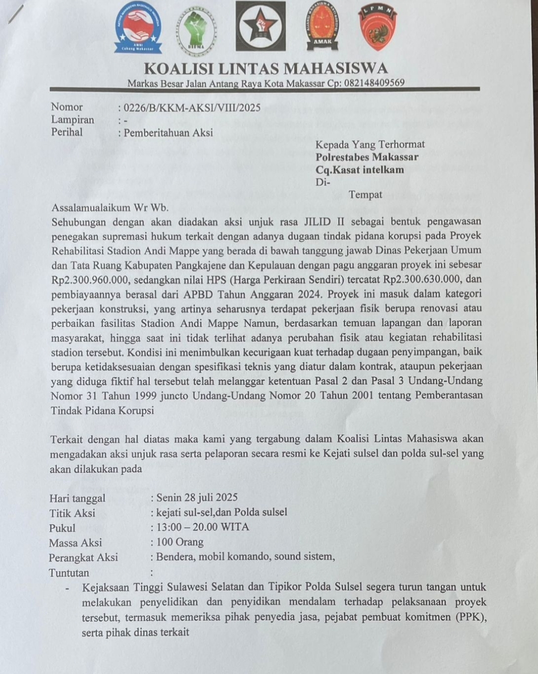 Aksi Demontrasi Akan Digelar Jilid II: Terkait Dugaan Koropsi Proyek Stadion Mappe Senilai Rp.2,3 Miliar